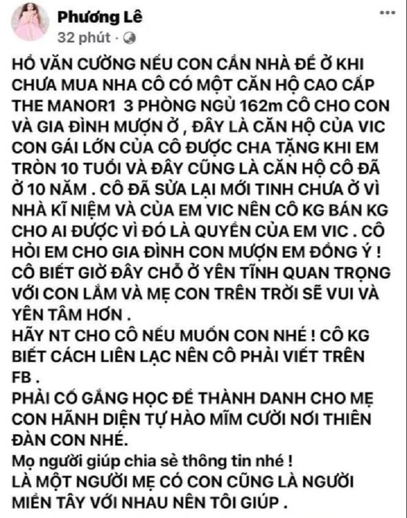 Phương Lê ngỏ ý muốn cho Hồ Văn Cường mượn nhà Phương Lê ngỏ ý muốn cho Hồ Văn Cường mượn nhà