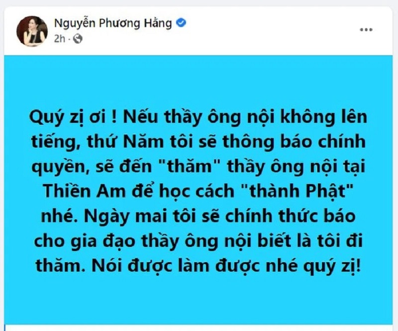 Bà Phương Hằng ra 'tối hậu thư', quyết bắt Tịnh Thất Bồng Lai phải thượng tôn pháp luật 2 Bà Phương Hằng ra 'tối hậu thư', quyết bắt Tịnh Thất Bồng Lai phải thượng tôn pháp luật 2