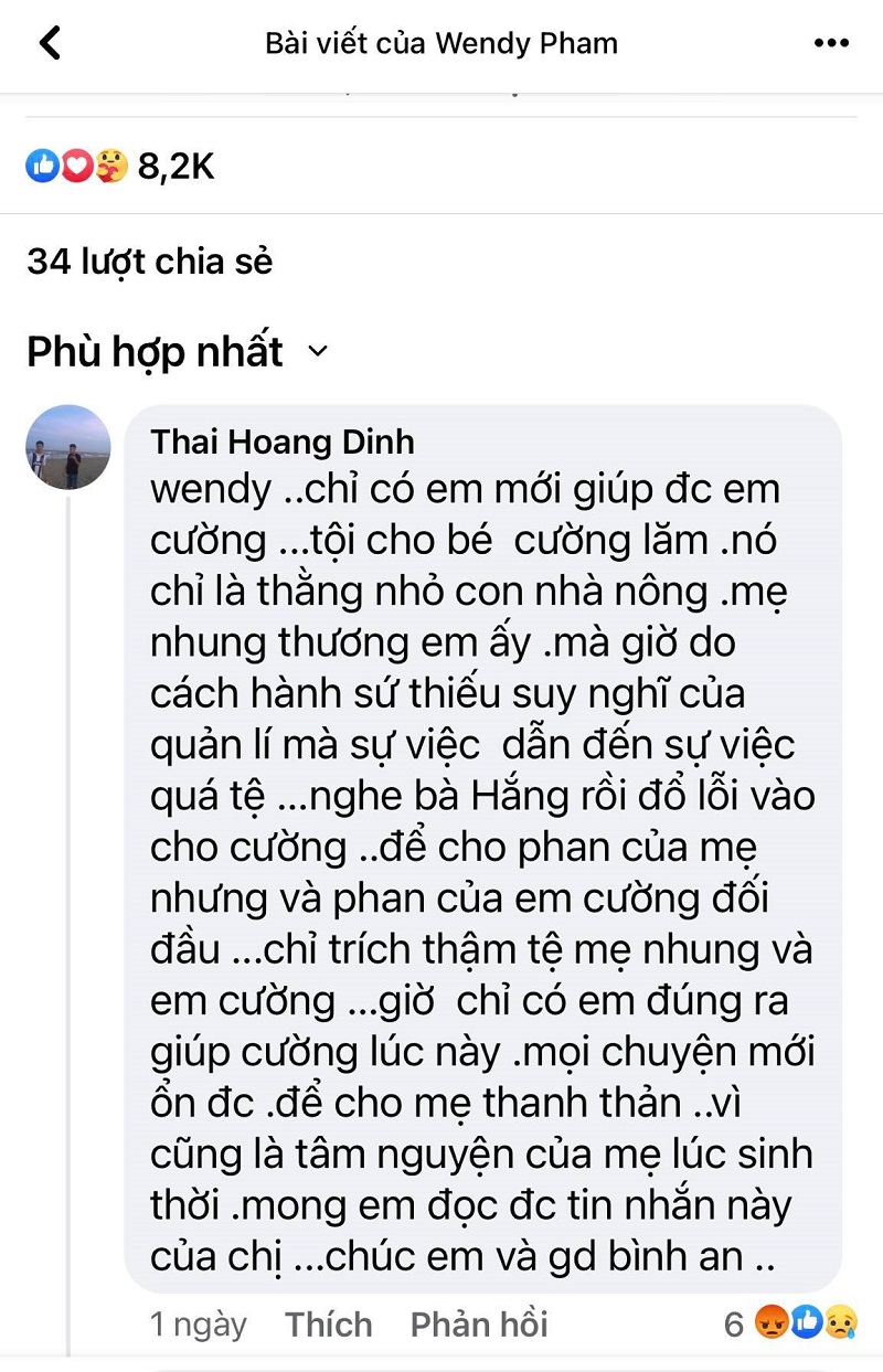 1 người cầu cứu Wendy Phạm giúp Hồ Văn Cường, tố quản lý Phi Nhung 