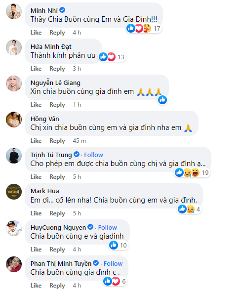 Dàn sao Vbiz như: Hồng Vân, Minh Nhí, Trịnh Tú Trung,... đã gửi lời chia buồn, động viên đến gia đình nữ nghệ sĩ (Ảnh: Chụp màn hình) Dàn sao Vbiz như: Hồng Vân, Minh Nhí, Trịnh Tú Trung,... đã gửi lời chia buồn, động viên đến gia đình nữ nghệ sĩ (Ảnh: Chụp màn hình)