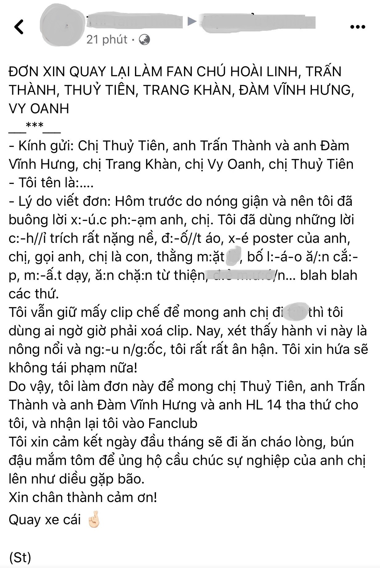 Cư dân mạng từng không ít lần cười nghiêng ngả trước những 'lá đơn' xin làm lại fan của các nghệ sĩ (Ảnh: Internet) Cư dân mạng từng không ít lần cười nghiêng ngả trước những 'lá đơn' xin làm lại fan của các nghệ sĩ (Ảnh: Internet)