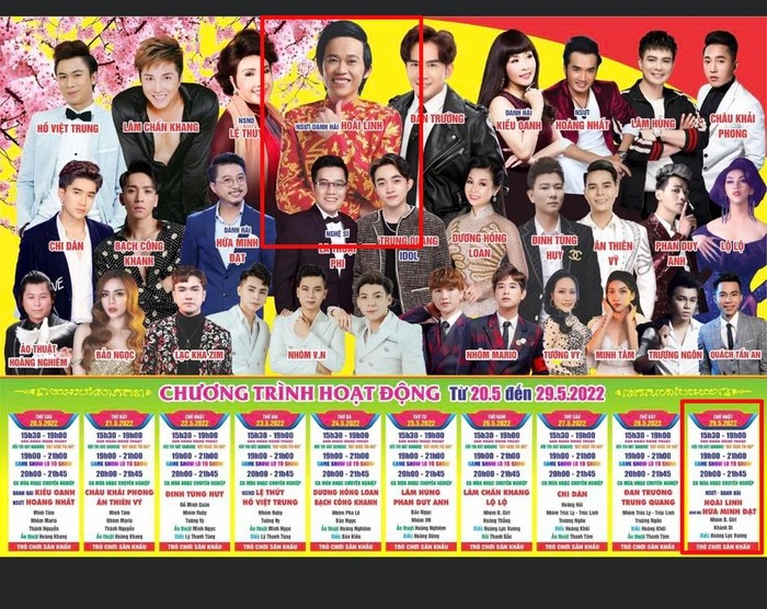 Tấm Poster giới thiệu chương trình nghệ thuật ở 1 Hội chợ có sự tham gia của Hoài Linh, Lâm Chấn Khang, Đan Trường,... (Ảnh: Internet) Tấm Poster giới thiệu chương trình nghệ thuật ở 1 Hội chợ có sự tham gia của Hoài Linh, Lâm Chấn Khang, Đan Trường,... (Ảnh: Internet)