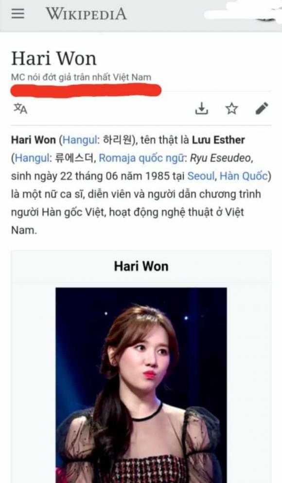 Hari Won bị dùng từ ngữ không hay để miêu tả về cô trên trang bách khoa toàn thư Wikipedia Hari Won bị dùng từ ngữ không hay để miêu tả về cô trên trang bách khoa toàn thư Wikipedia