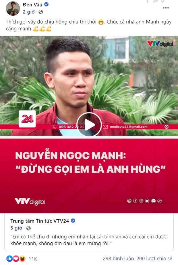 Đen Vâu phản ứng trước chia sẻ của anh Mạnh. Ảnh: FBNV Đen Vâu phản ứng trước chia sẻ của anh Mạnh. Ảnh: FBNV