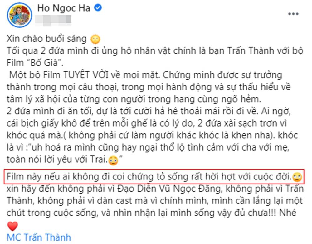 Hồ Ngọc Hà có lời review gây tranh cãi về phim Bố già. Ảnh: Chụp màn hình