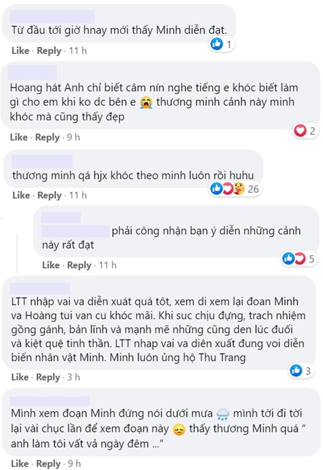 Nhiều khán giả thương Minh và dành lời khen cho diễn xuất của Lương Thu Trang. Ảnh: Chụp màn hình