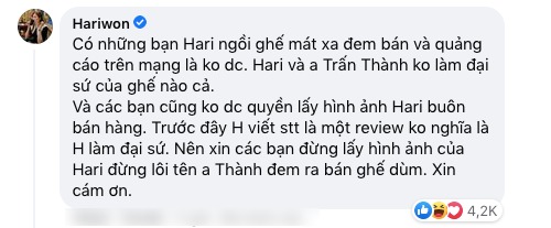 Hari Won cũng bày tỏ sự bức xúc về sự việc mà ông xã gặp phải. Ảnh: FBNV Hari Won cũng bày tỏ sự bức xúc về sự việc mà ông xã gặp phải. Ảnh: FBNV