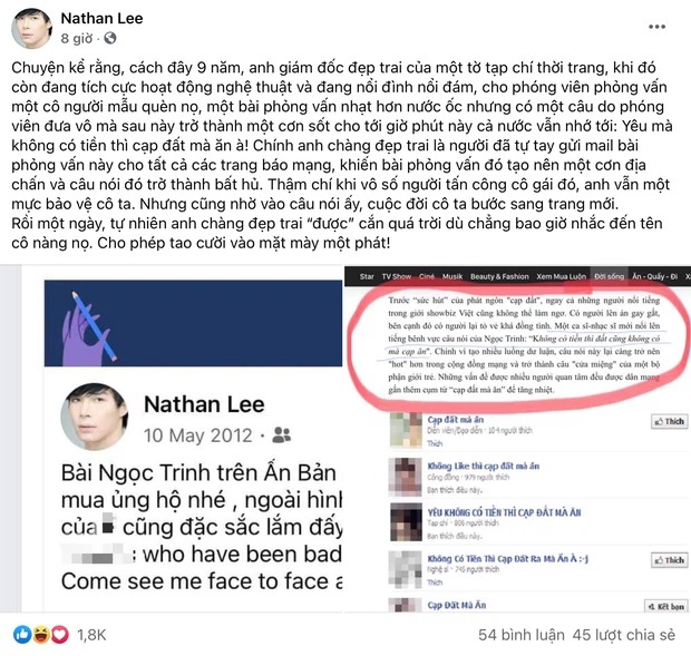 Nathan Lee có động thái 'dằn thẳng mặt' Ngọc Trinh. Ảnh: FBNV Nathan Lee có động thái 'dằn thẳng mặt' Ngọc Trinh. Ảnh: FBNV
