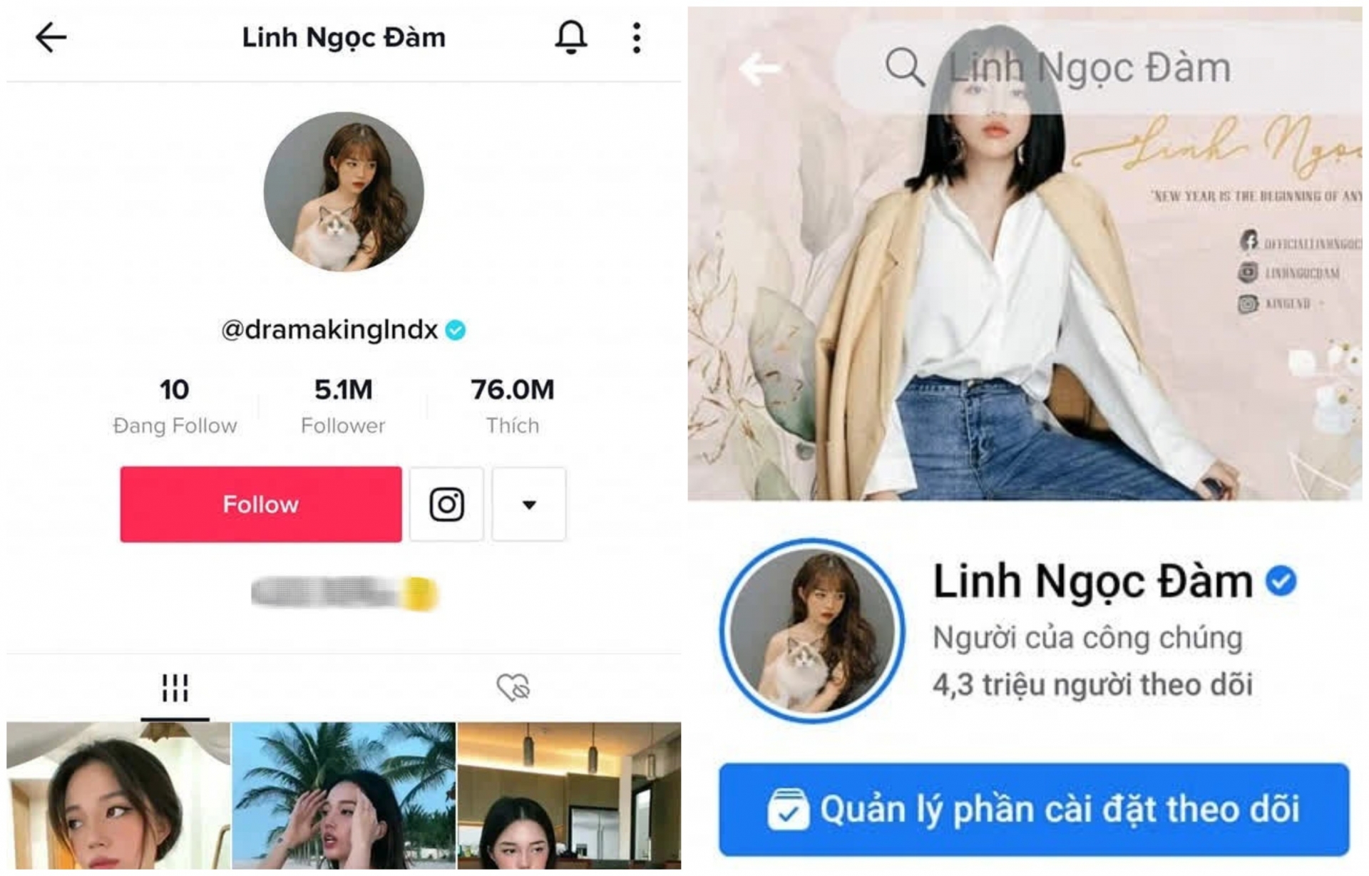 trên Tik tok và Facebook cô nàng cũng có lượng người theo dõi đầy ấn tượng trên Tik tok và Facebook cô nàng cũng có lượng người theo dõi đầy ấn tượng
