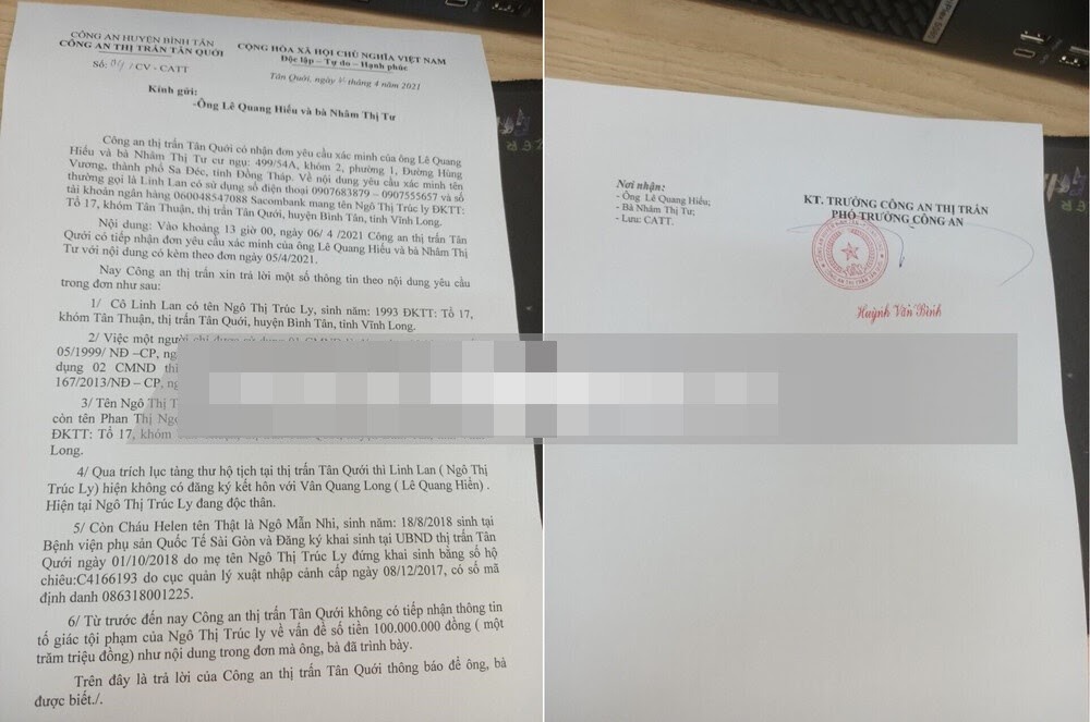 Giấy tờ làm rõ về thân thế của Linh lan được gia đình đăng tải. Ảnh: Internet