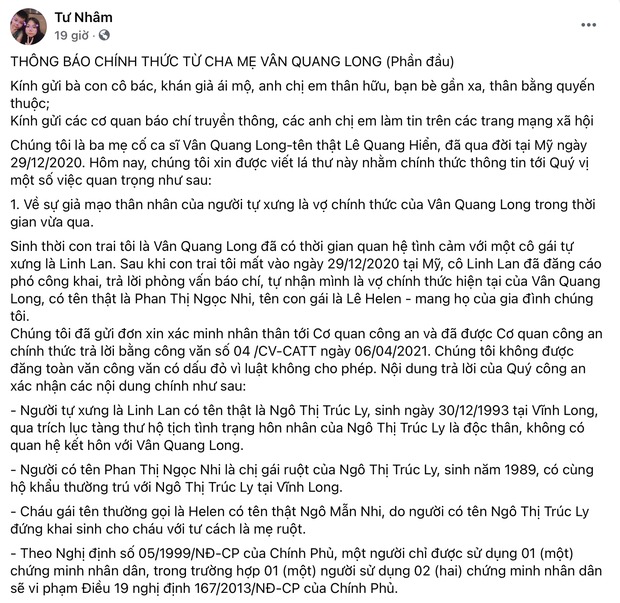 Chia sẻ đáng chú ý của bố mẹ Vân Quang Long mới đây. Ảnh: Chụp màn hình Chia sẻ đáng chú ý của bố mẹ Vân Quang Long mới đây. Ảnh: Chụp màn hình