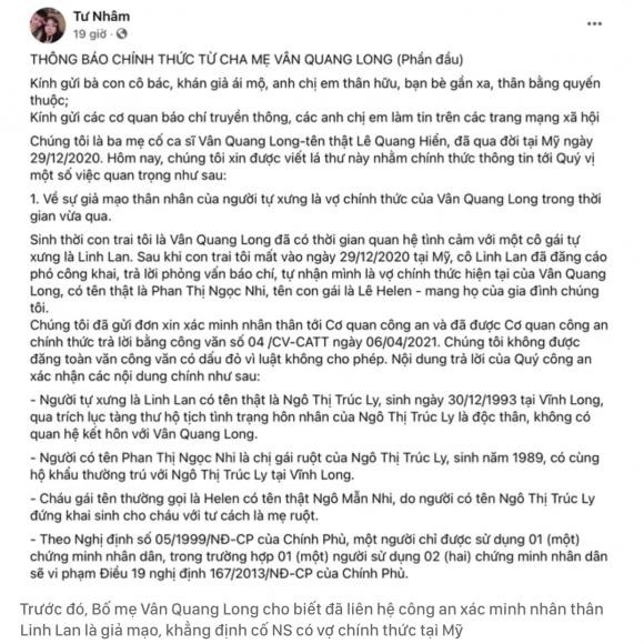 Bài đăng đáng chú ý mới đây của bố mẹ Vân Quang Long. Ảnh: FBNV Bài đăng đáng chú ý mới đây của bố mẹ Vân Quang Long. Ảnh: FBNV