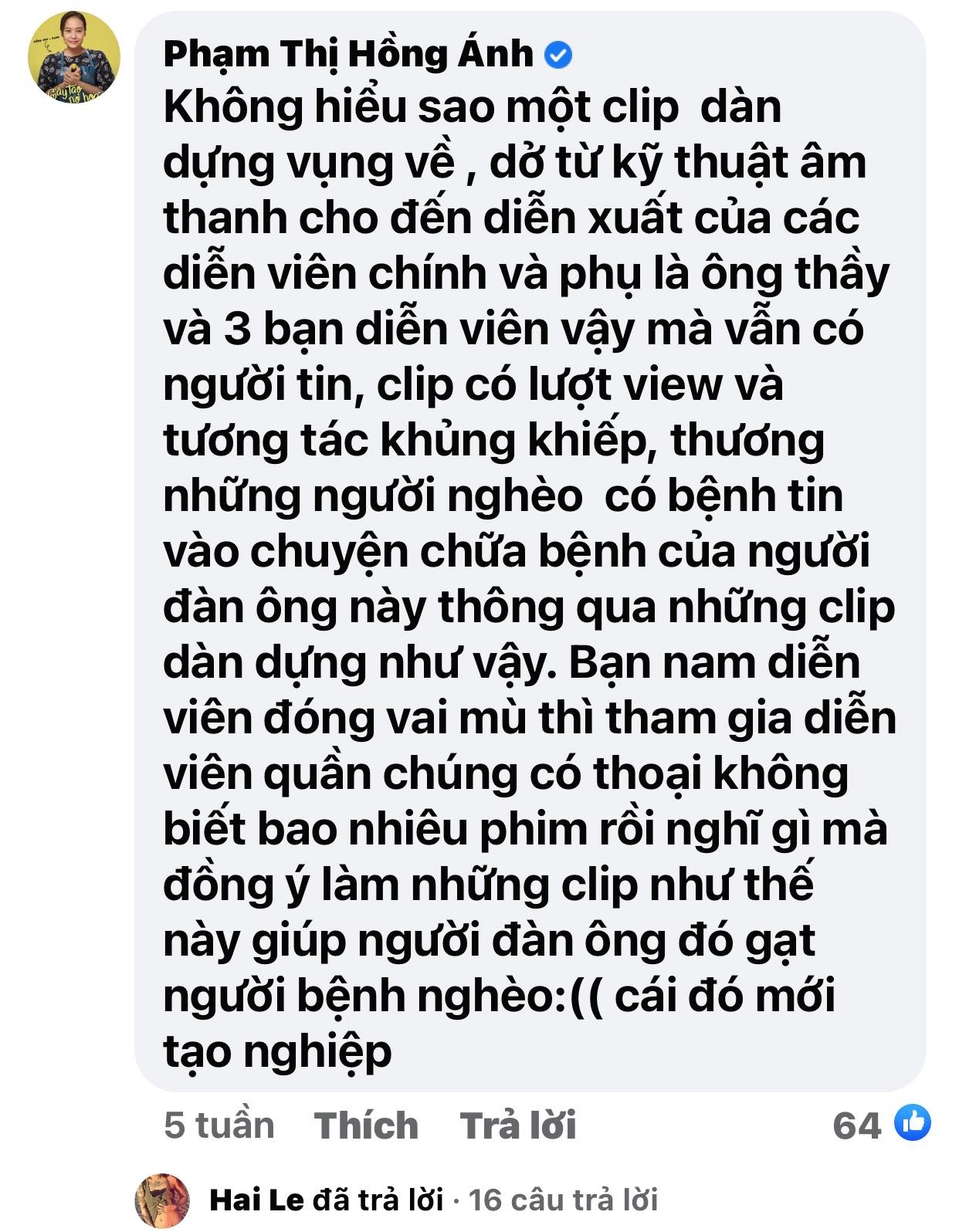 Bình luận 'bóc phốt' của Hồng Ánh mới đây. Ảnh: FB