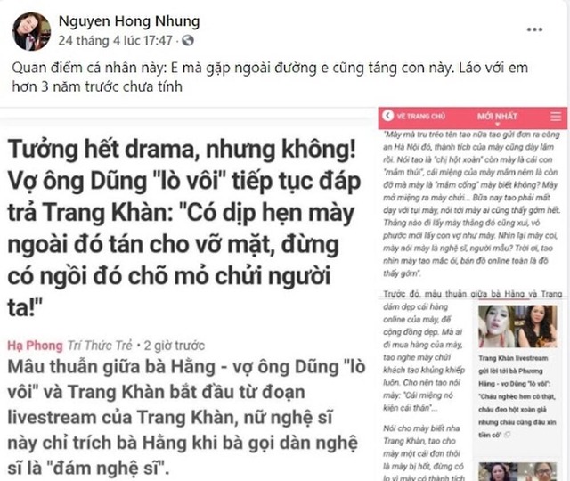 Bài chia sẻ với lời lẽ đáng chú ý của Hồng Nhung gửi đến Trang Trần. Ảnh: FBNV