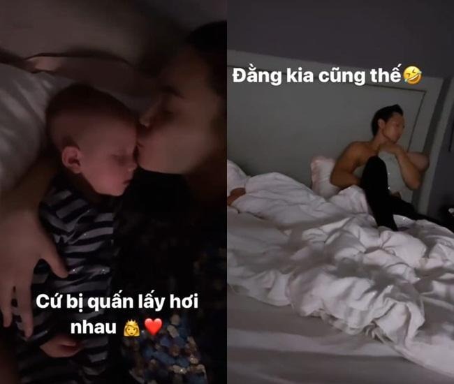 Hồ Ngọc và Kim Lý chăm con không quản ngày đêm. Ảnh: FBNV
