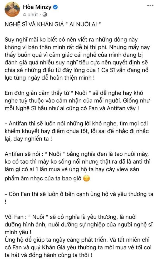 Chia sẻ về chủ đề 'khán giả nuôi nghệ sĩ' của Hòa Minzy. Ảnh: FBNV Chia sẻ về chủ đề 'khán giả nuôi nghệ sĩ' của Hòa Minzy. Ảnh: FBNV