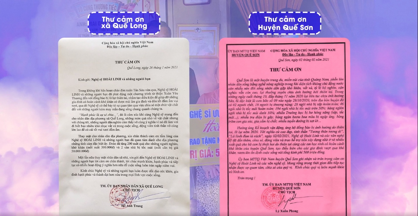 Hoài Linh công khai giấy tờ chứng minh đã thực hiện từ thiện ở một số địa phương miền Trung. Ảnh: Chụp màn hình