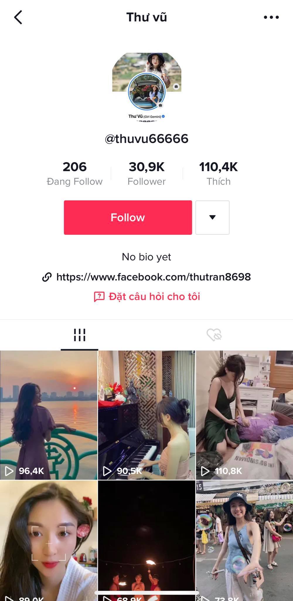 Trang TikTok của Vũ Anh Thư vào gần 31 nghìn người theo dõi