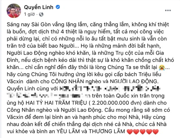 Toàn bộ chia sẻ của Hoài Linh. Ảnh FBNV Toàn bộ chia sẻ của Hoài Linh. Ảnh FBNV