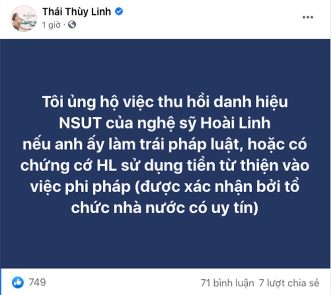 Chia sẻ của Thái Thùy Linh mới đây. Ảnh: FBNV Chia sẻ của Thái Thùy Linh mới đây. Ảnh: FBNV