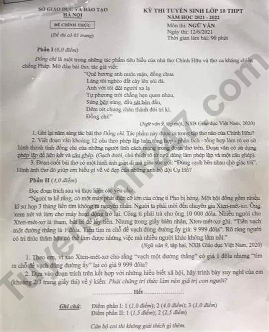 Đề thi vào lớp 10 môn Ngữ Văn TP Hà Nội năm 2021. Ảnh: Tuyensinh247 Đề thi vào lớp 10 môn Ngữ Văn TP Hà Nội năm 2021. Ảnh: Tuyensinh247