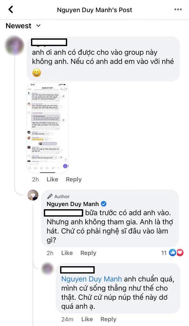 Duy Mạnh thừa nhận không phải là nghệ sĩ nên quyết rời bỏ nhóm chat 'Nghệ sĩ Việt' 2 Duy Mạnh thừa nhận không phải là nghệ sĩ nên quyết rời bỏ nhóm chat 'Nghệ sĩ Việt' 2