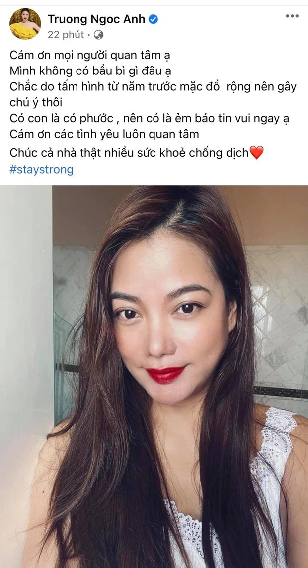 Trương Ngọc Ánh phủ nhận chuyện mang bầu. Ảnh: FBNV Trương Ngọc Ánh phủ nhận chuyện mang bầu. Ảnh: FBNV