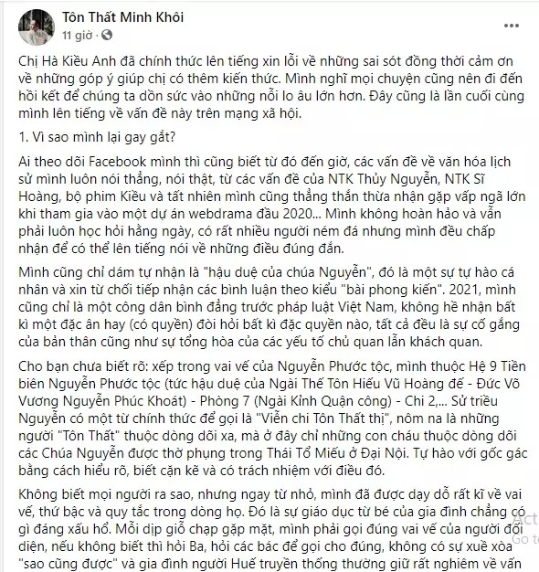 Hậu duệ nhà Nguyễn lên tiếng sau lời xin lỗi của hoa hậu Kiều Anh. Ảnh: FBNV
