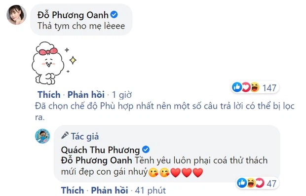 Phương Oanh nhanh nhảu đáp lại động thái của 'mẹ chồng tương lai'. Ảnh: FBNV Phương Oanh nhanh nhảu đáp lại động thái của 'mẹ chồng tương lai'. Ảnh: FBNV