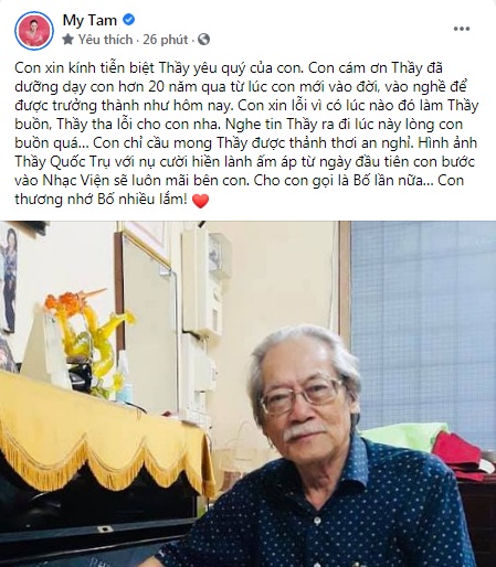 Chia sẻ buồn thương của Mỹ Tâm trên trang cá nhân trước sự ra đi của người 'Bố' - NSƯT Quốc Trụ. Ảnh: FBNV Chia sẻ buồn thương của Mỹ Tâm trên trang cá nhân trước sự ra đi của người 'Bố' - NSƯT Quốc Trụ. Ảnh: FBNV