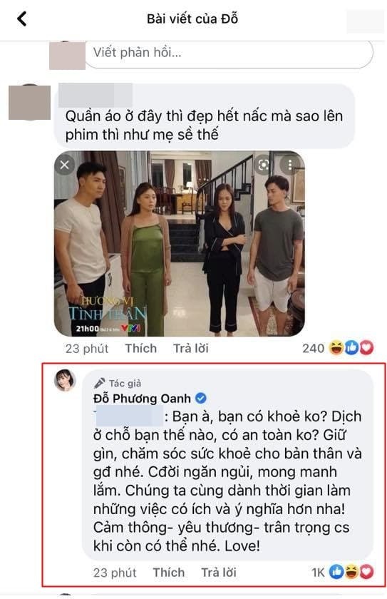 Phương Oanh cực gắt sau phản ánh về thời trang trong phim. Ảnh: FBNV Phương Oanh cực gắt sau phản ánh về thời trang trong phim. Ảnh: FBNV