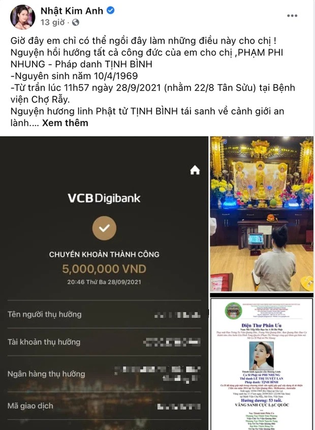 Nhật Kim Anh chia sẻ nỗi buồn và tiết lộ về hành động tưởng nhớ Phi Nhung. Ảnh: FBNV Nhật Kim Anh chia sẻ nỗi buồn và tiết lộ về hành động tưởng nhớ Phi Nhung. Ảnh: FBNV