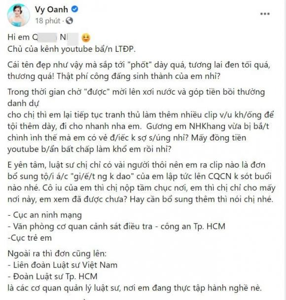 Vy Oanh dùng Nhâm Hoàng Khang để cảnh cáo đối tượng đang bị cô đệ đơn kiện cáo 3 Vy Oanh dùng Nhâm Hoàng Khang để cảnh cáo đối tượng đang bị cô đệ đơn kiện cáo 3