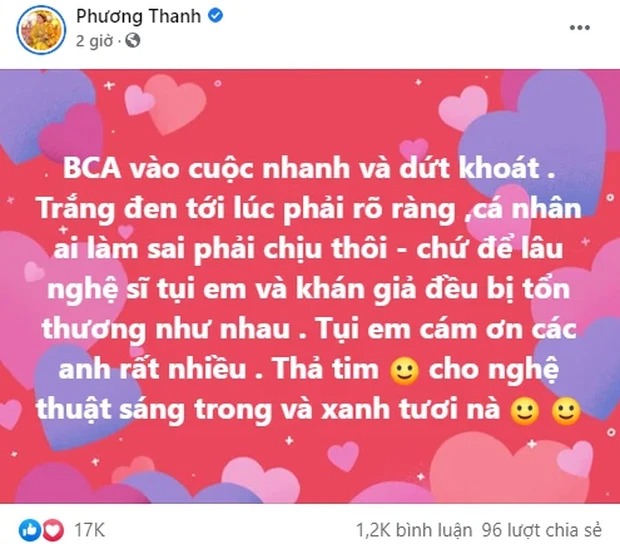 Chia sẻ gây xôn xao của Phương Thanh mới đây. Ảnh: FBNV Chia sẻ gây xôn xao của Phương Thanh mới đây. Ảnh: FBNV
