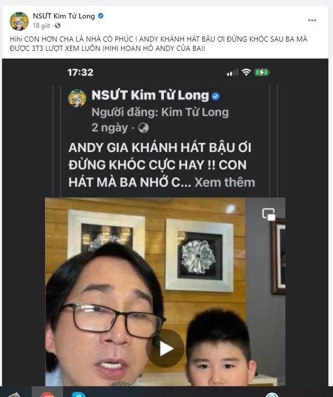 Kim Tử Long tiếp tục cùng con trai cover ca khúc của Phi Nhung và thu về thành tích ấn tượng. Ảnh: FBNV Kim Tử Long tiếp tục cùng con trai cover ca khúc của Phi Nhung và thu về thành tích ấn tượng. Ảnh: FBNV