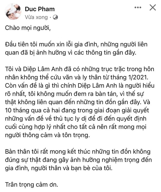 Chia sẻ mới nhất của chồng Diệp Lâm Anh. Ảnh: FBNV Chia sẻ mới nhất của chồng Diệp Lâm Anh. Ảnh: FBNV