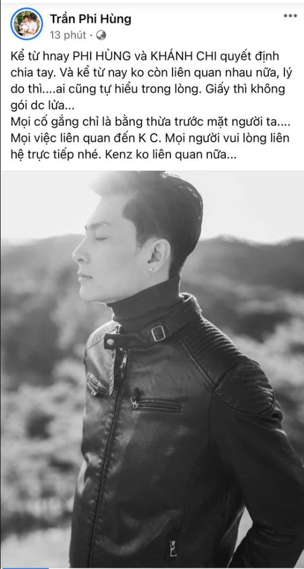 Bài đăng xác nhận chia tay của chồng trẻ Lâm Khánh Chi. Ảnh: FBNV