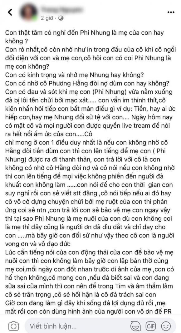 Chia sẻ đáng chú ý của người em thân thiết với Phi Nhung. Ảnh: FB Chia sẻ đáng chú ý của người em thân thiết với Phi Nhung. Ảnh: FB