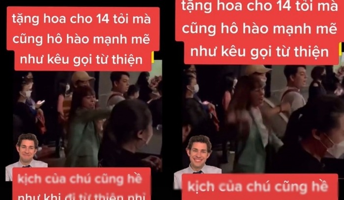 Hình ảnh Nam Thư hô hào mọi người lên tặng hoa cho Hoài Linh. Ảnh: Chụp màn hình Hình ảnh Nam Thư hô hào mọi người lên tặng hoa cho Hoài Linh. Ảnh: Chụp màn hình