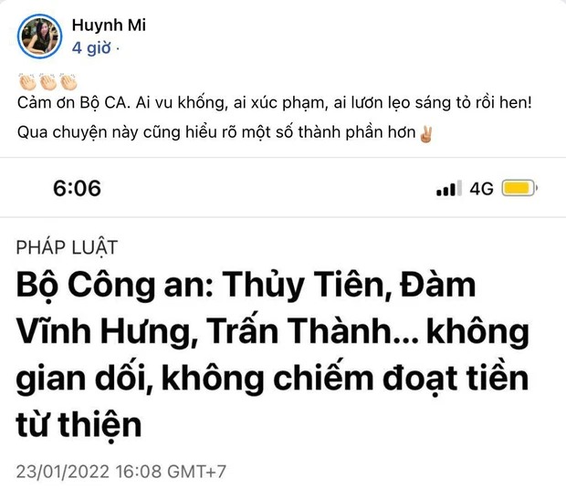 Huỳnh Mi có động thái trái ngược với anh trai. Ảnh: FBNV Huỳnh Mi có động thái trái ngược với anh trai. Ảnh: FBNV