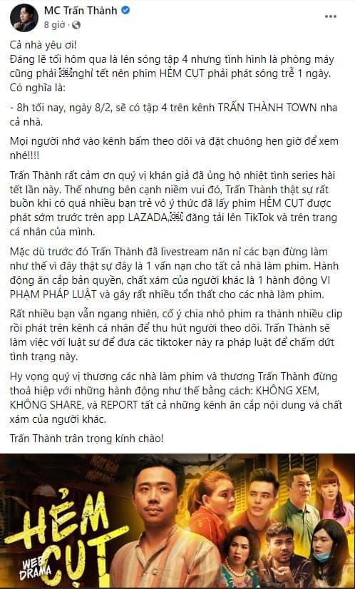 Trấn Thành đưa ra tuyên bố đanh thép về những người trục lợi cá nhân trên sức lao động của mình. Ảnh: FBNV