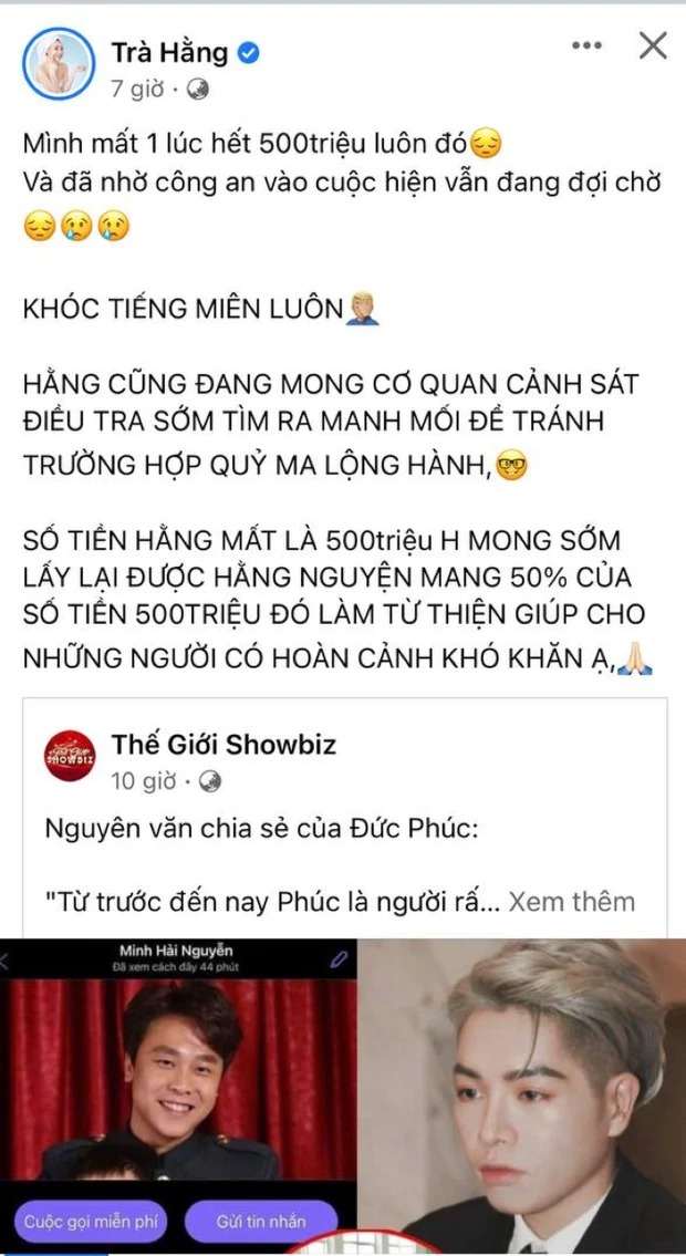 Trà Ngọc Hằng tiết lộ bản thân cũng là nạn nhân của trò lừa đảo tương tự. Ảnh: FBNV Trà Ngọc Hằng tiết lộ bản thân cũng là nạn nhân của trò lừa đảo tương tự. Ảnh: FBNV