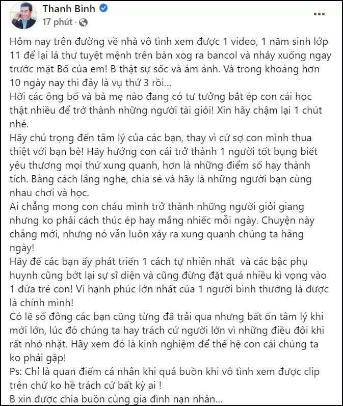 Nam diễn viên Thanh Bình lòng đầy ám ảnh, trải lòng về vấn đề tâm lý của học sinh, phụ huynh thời buổi hiện đại. Ảnh: FBNV