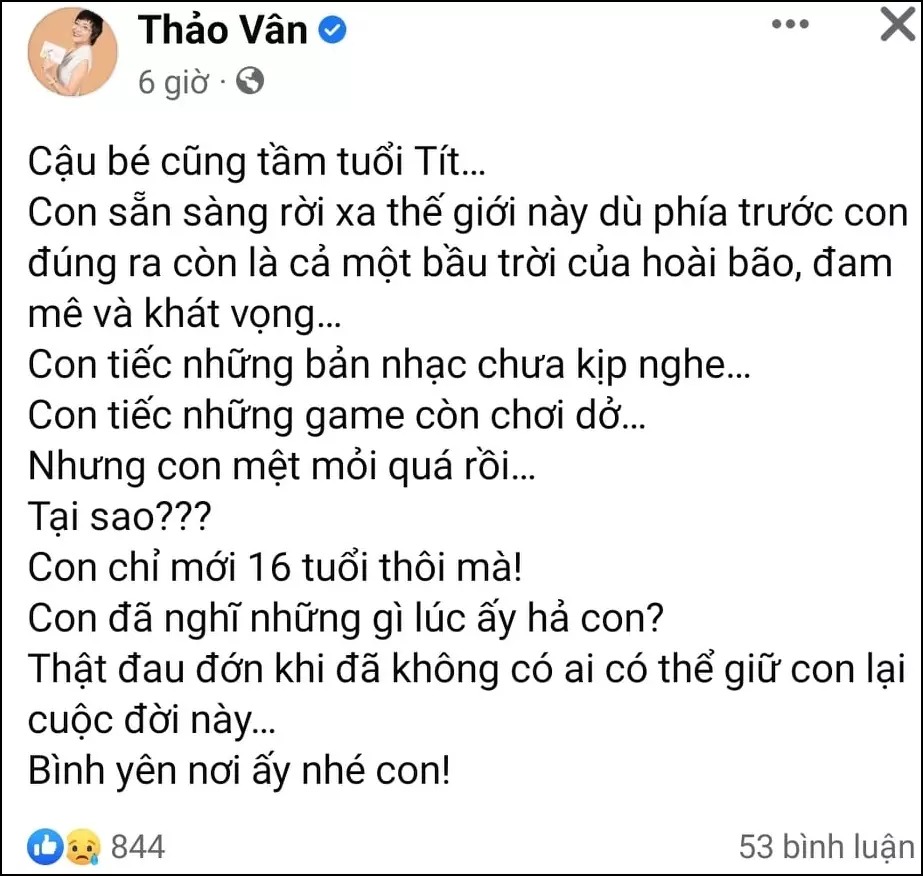 MC Thảo Vân cũng vô cùng xót xa, bàng hoàng lòng đầy đau đớn trước sự việc. Ảnh: FBNV