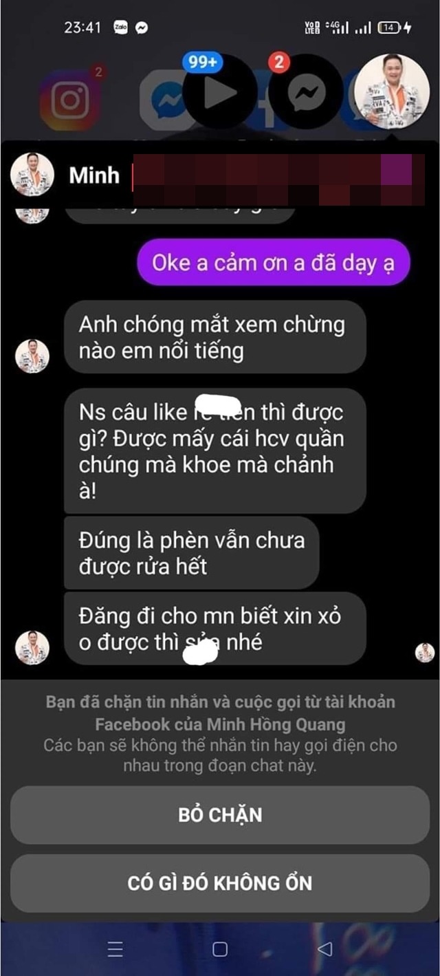 Dòng tin nhắn của Minh Béo hiện vẫn đang nhận được sự quan tâm của đông đảo công chúng. Ảnh: FB Dòng tin nhắn của Minh Béo hiện vẫn đang nhận được sự quan tâm của đông đảo công chúng. Ảnh: FB