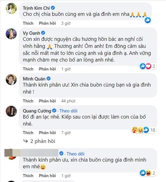 Nhiều đồng nghiệp gửi lời chia buồn đến Quang Hà. Ảnh: FBNV Nhiều đồng nghiệp gửi lời chia buồn đến Quang Hà. Ảnh: FBNV