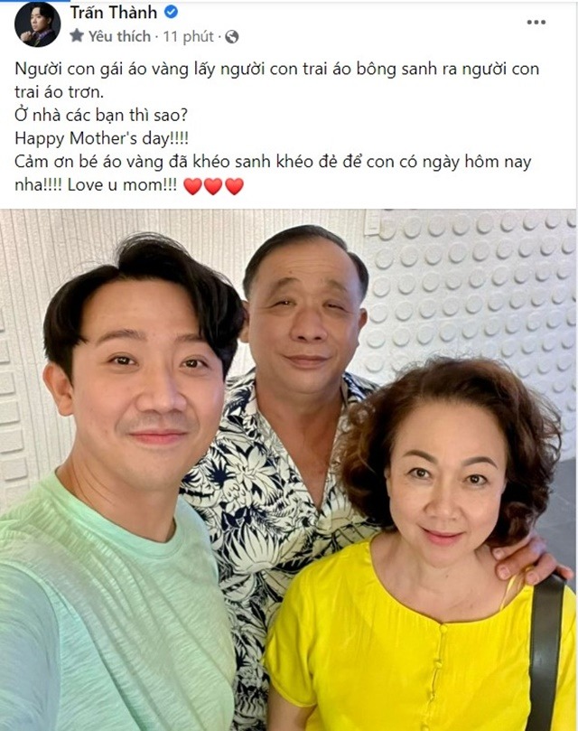 Trấn Thành thể hiện tình cảm với đấng sinh thành trong ngày đặc biệt. Ảnh: Chụp màn hình Trấn Thành thể hiện tình cảm với đấng sinh thành trong ngày đặc biệt. Ảnh: Chụp màn hình