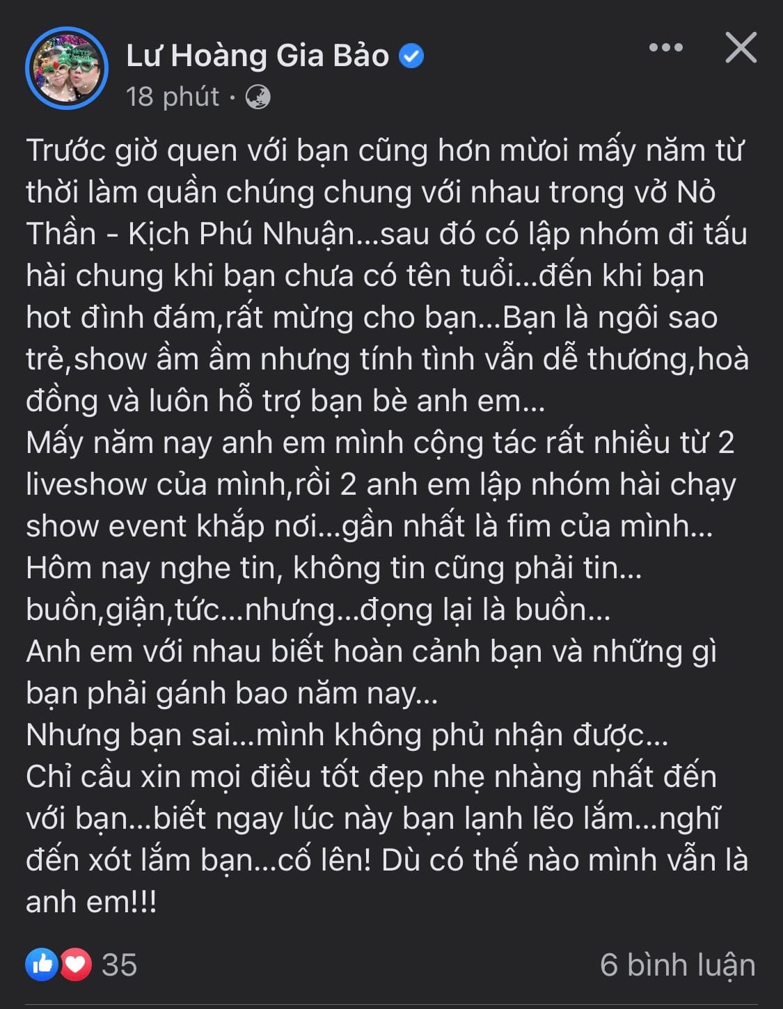 Bài đăng gây xôn xao của Gia Bảo. Ảnh: FBNV Bài đăng gây xôn xao của Gia Bảo. Ảnh: FBNV