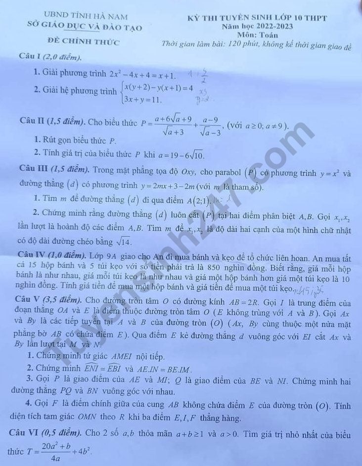 Đề thi môn Toán vào lớp 10 tỉnh Hà Nam năm 2022. Ảnh: TS247 Đề thi môn Toán vào lớp 10 tỉnh Hà Nam năm 2022. Ảnh: TS247