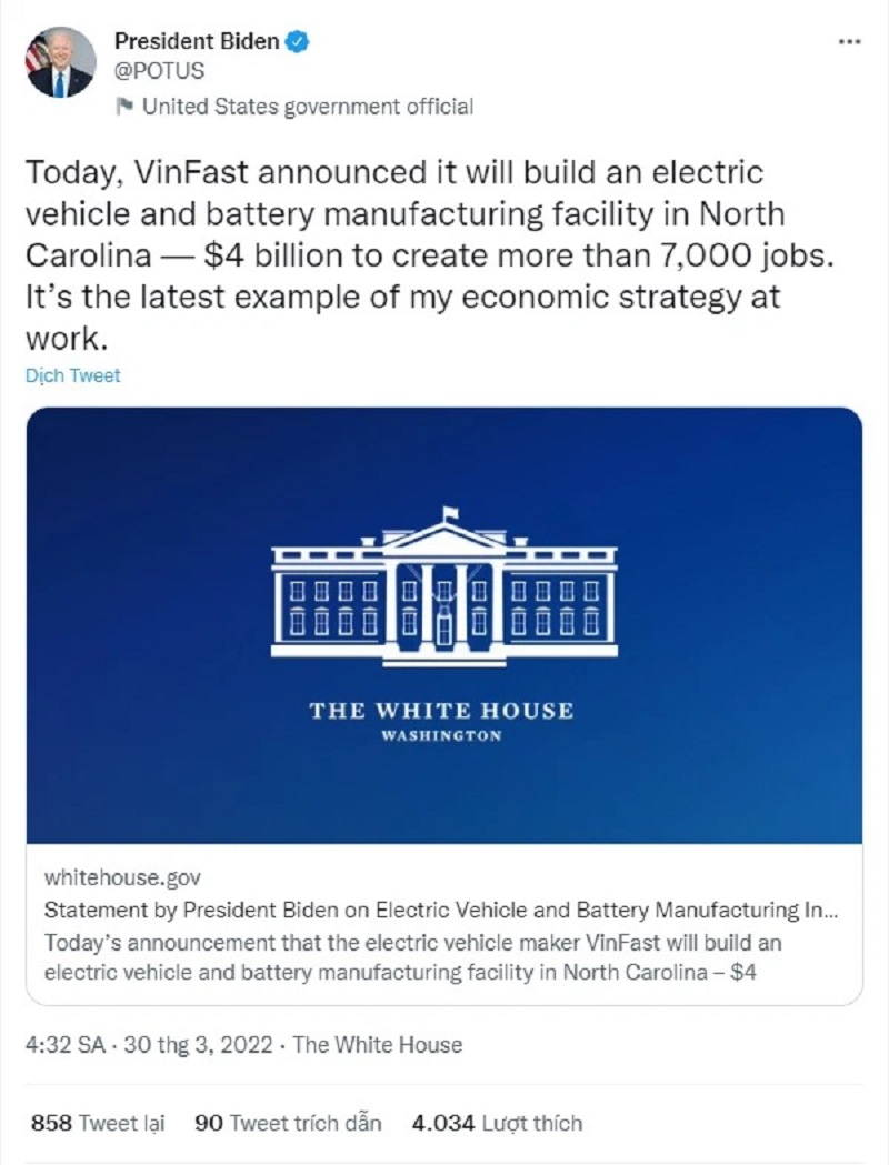 The owner of the White House does an unprecedented thing with Vinfast of billionaire Pham Nhat Vuong 1